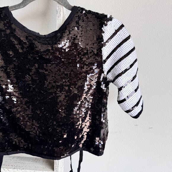 ZARA Limited Edition Black/White Sequin Open Tie-Back Top - Picture 3 of 11